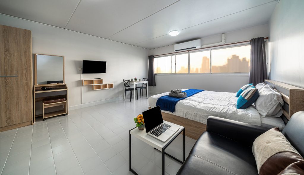 Luxury Interior living room with sofa bed and bed queen size, Dining table,air conditioner,